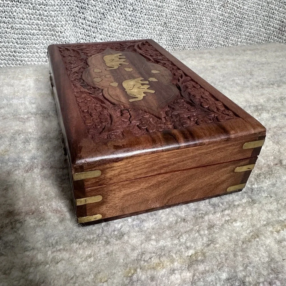 Hand‎ Engraved  Inlaid Brass Wooden Box Keepsake Jewelry Organizer &Storage